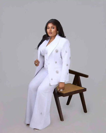 Plus Size Women Suit Crystal Shawl Lapel 2 Piece Jacket Pants Mother Blazer Single Breasted Wedding Tuxedo Evening Customized