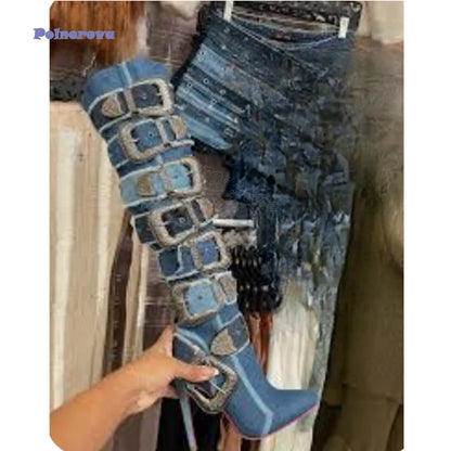 Punk Buckle Denim High Heel Boots,Pointed Toe Zipper Knee Boots Stiletto Motorcycle Boots for Women 2024 New Zapatos Para Mujere