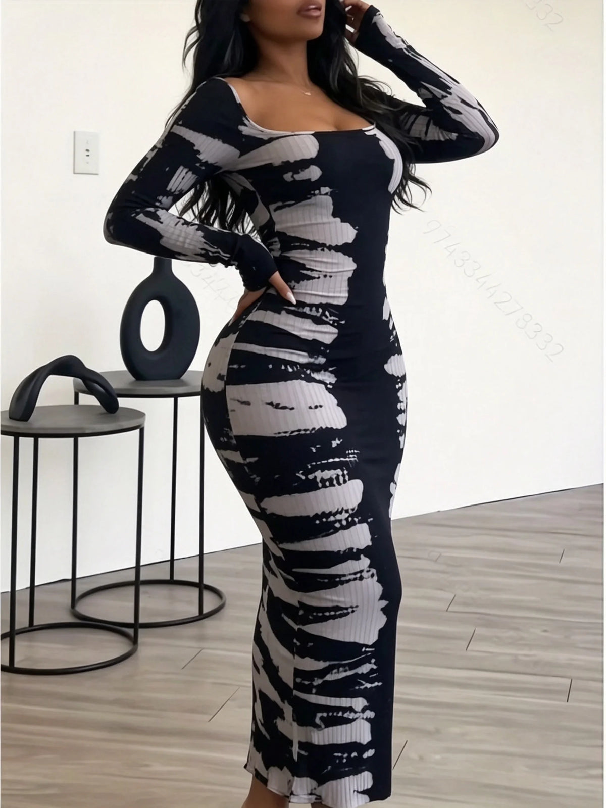 Slim Fit Hip Hugging Long Dress Square Collar Long Sleeves Waist Cinching Figure Show off Square Collar Long Skirt