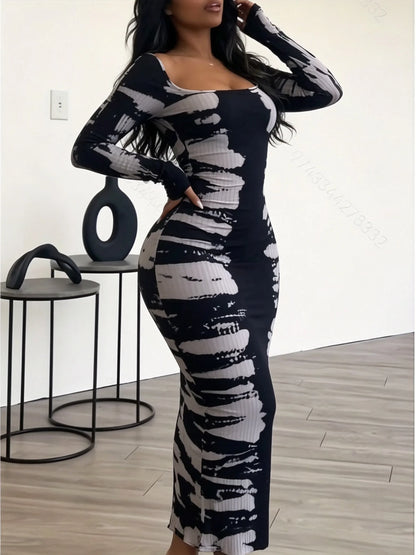 Slim Fit Hip Hugging Long Dress Square Collar Long Sleeves Waist Cinching Figure Show off Square Collar Long Skirt