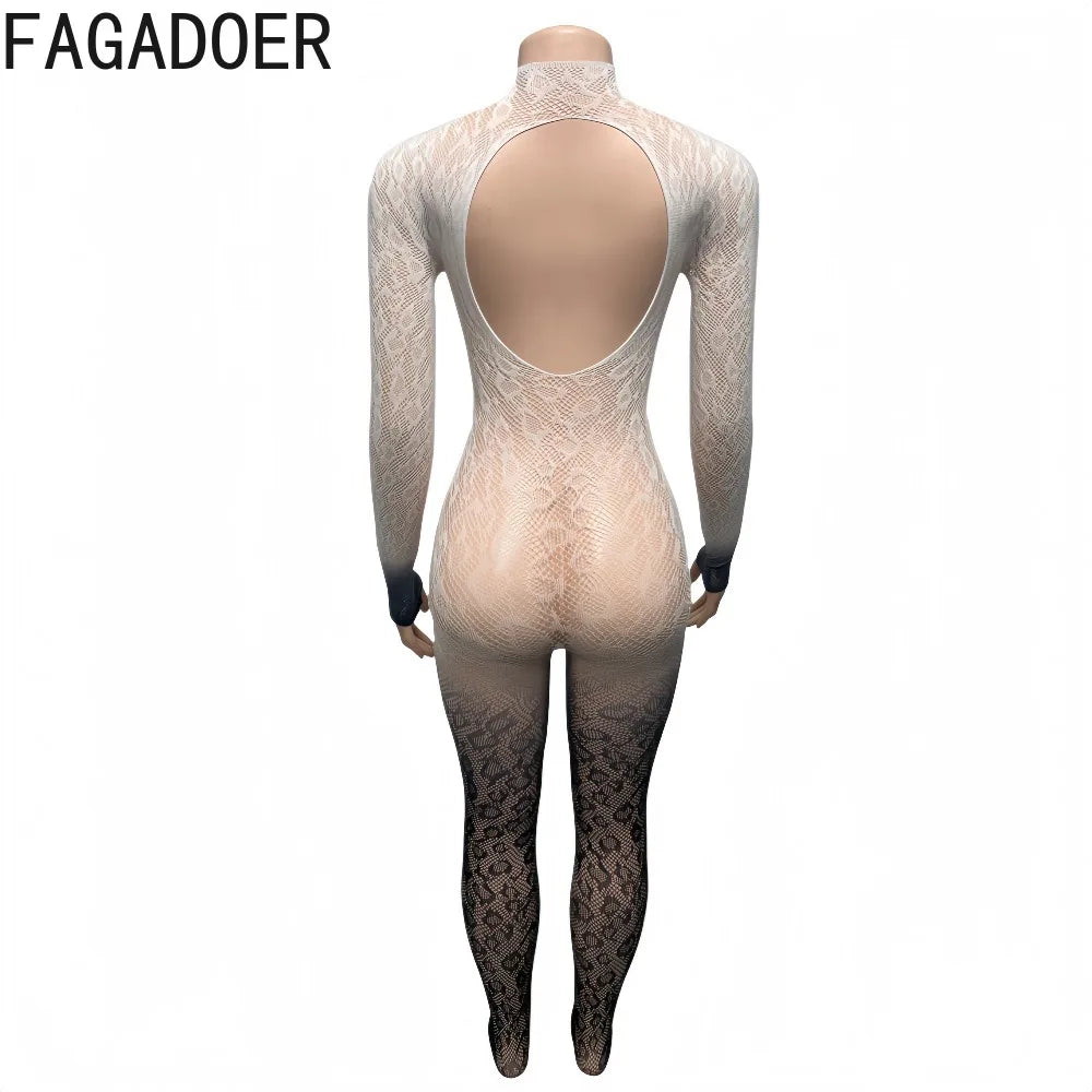 FAGADOER Sexy Lace Hollow-out Patchwork Bodycon for Jumpsuits Woman Gradient See Through Rompers Female Party Clubwear Overalls