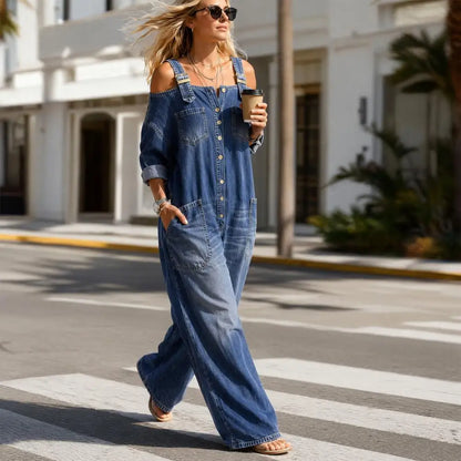 Summer Denim Jumpsuit for Women, Long Sleeve Off Shoulder Loose Bib Overall, Button Down Wide Leg Jeans Romper with Pockets