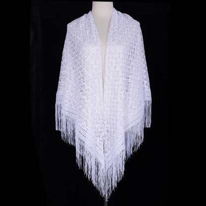 Versatile 140×140cm Lace Shawl Elegant Hollowed-out Design Knitted Shawl Breathable Tassel Shawl for Women
