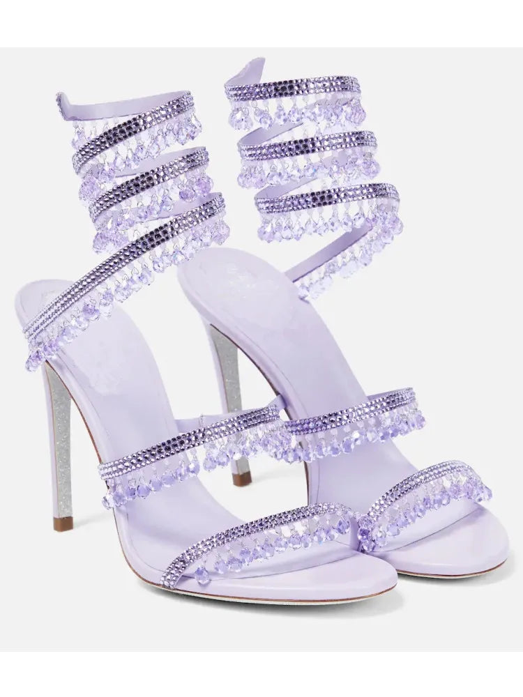 2026Women's New Water Diamond Sandals Fashion Tassel Crystal Shoes Sexy Banquet Party Twin Stiletto Women's Large Sandals