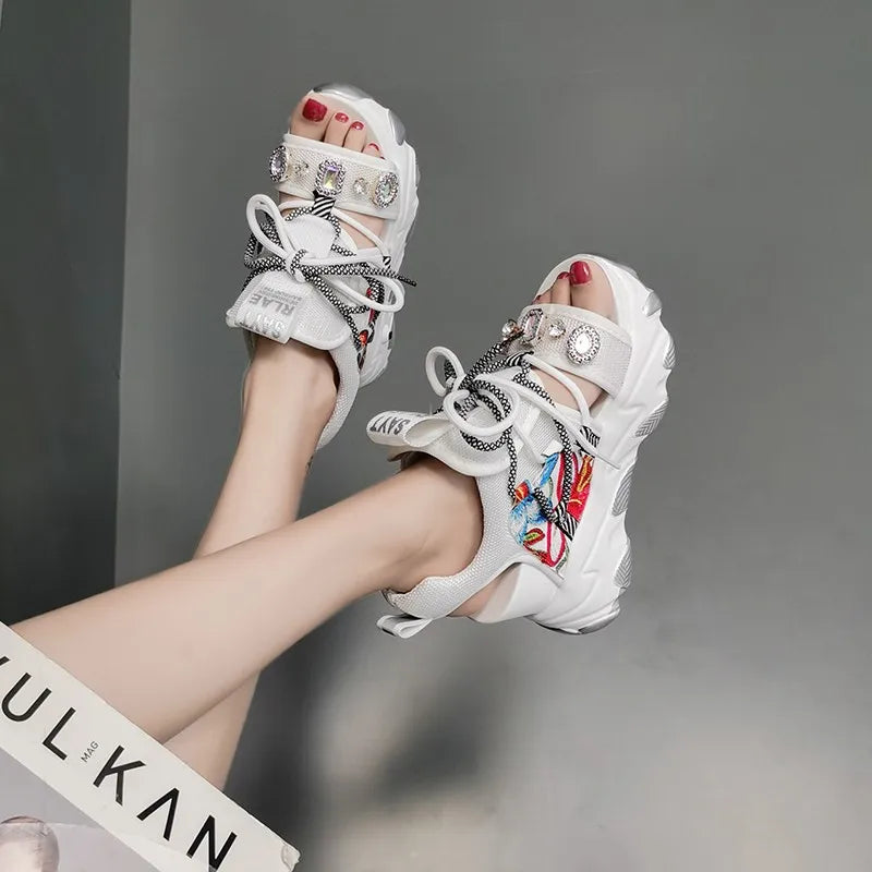 Maogu Mixed Color Shoes Sports Wedge White Sandals Women High Heel Beach Casual Shoe Leisure Lady Platform Chunky Sandals