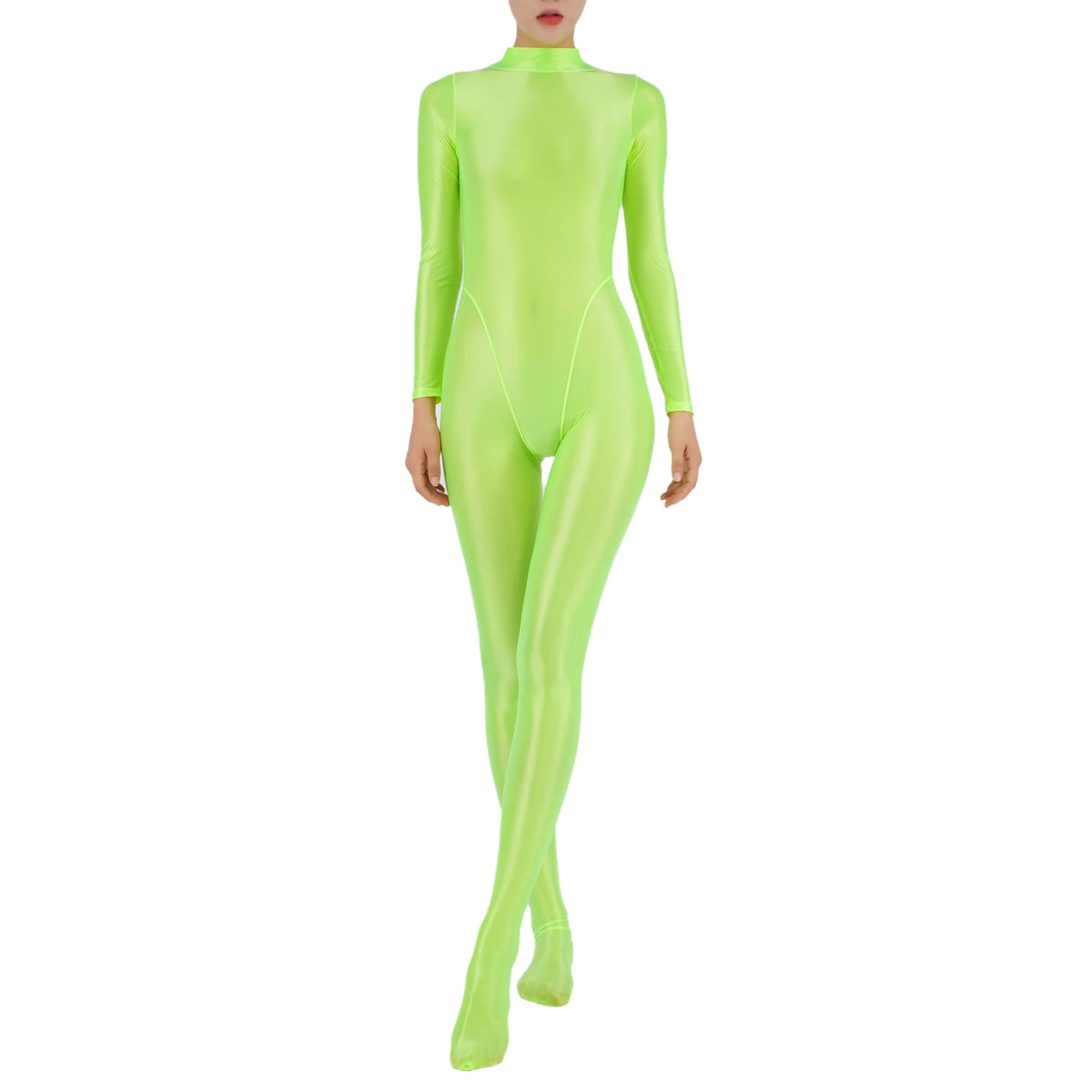 Women Glossy Full Body Jumpsuit Gym Yoga Tights Rompers Mock Neck Long Sleeve Footed One Piece Jumpsuit Clubwear Sportwear