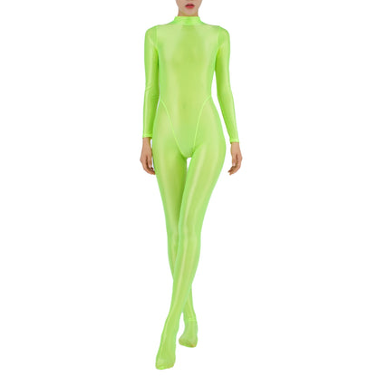 Women Glossy Full Body Jumpsuit Gym Yoga Tights Rompers Mock Neck Long Sleeve Footed One Piece Jumpsuit Clubwear Sportwear