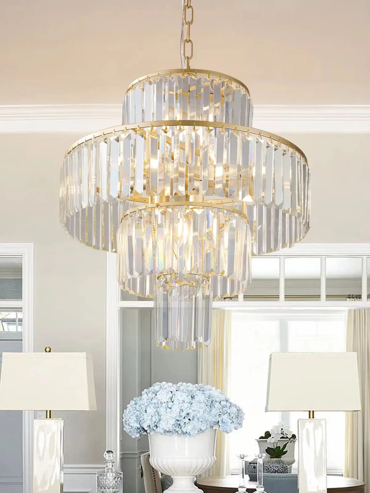 20" Luxury 4-Tier Crystal Chandelier, 12-Light Gold Frame Pendant Light, Elegant Ceiling Lighting for Living Room, Dining Room
