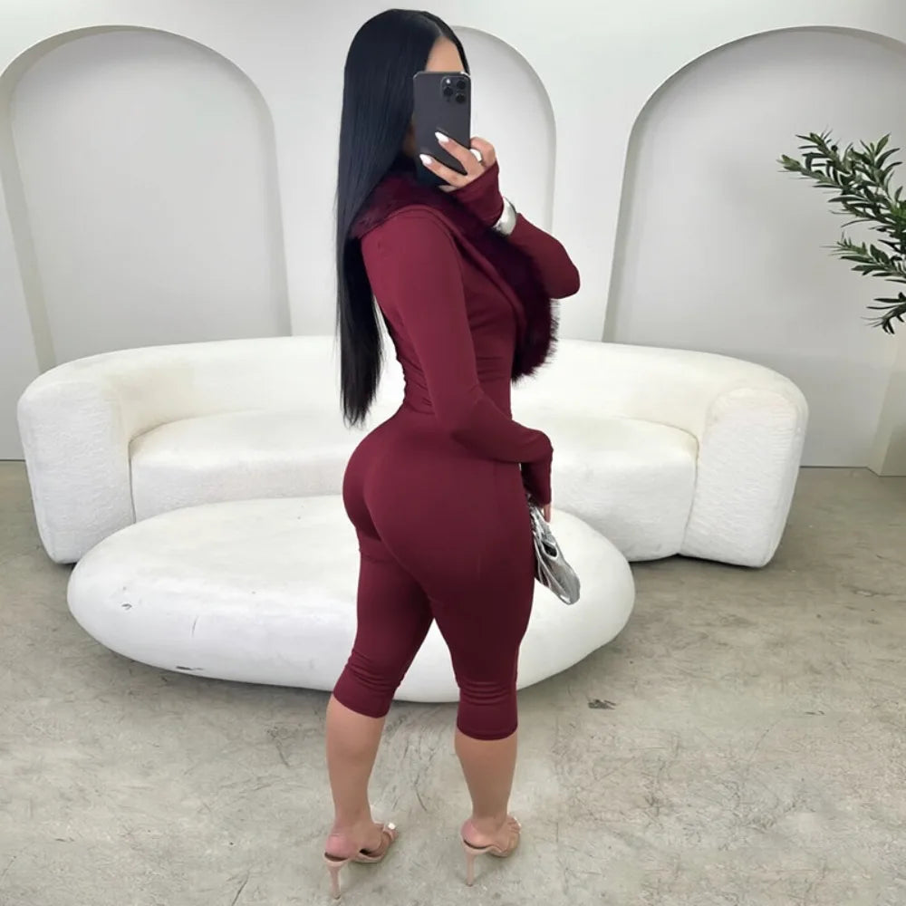 FLARORA Sexy Faux Fur Patchwork Capri Jumpsuits Woman Deep V Neck Full Sleeve Skinny Peach Hip Midnight Party Clubwear Overalls