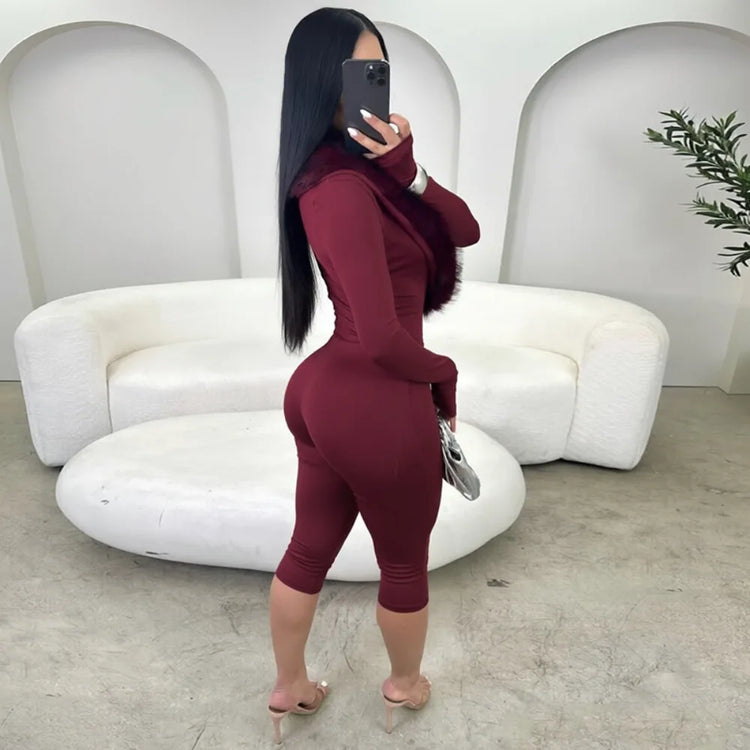 FLARORA Sexy Faux Fur Patchwork Capri Jumpsuits Woman Deep V Neck Full Sleeve Skinny Peach Hip Midnight Party Clubwear Overalls