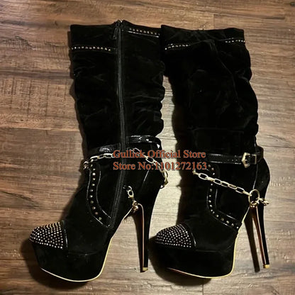 Fashion Gold Chain Strap Studded Knee High Boots Round Toe Black Suede Stretch Fabric Platform Stiletto Heels Boots