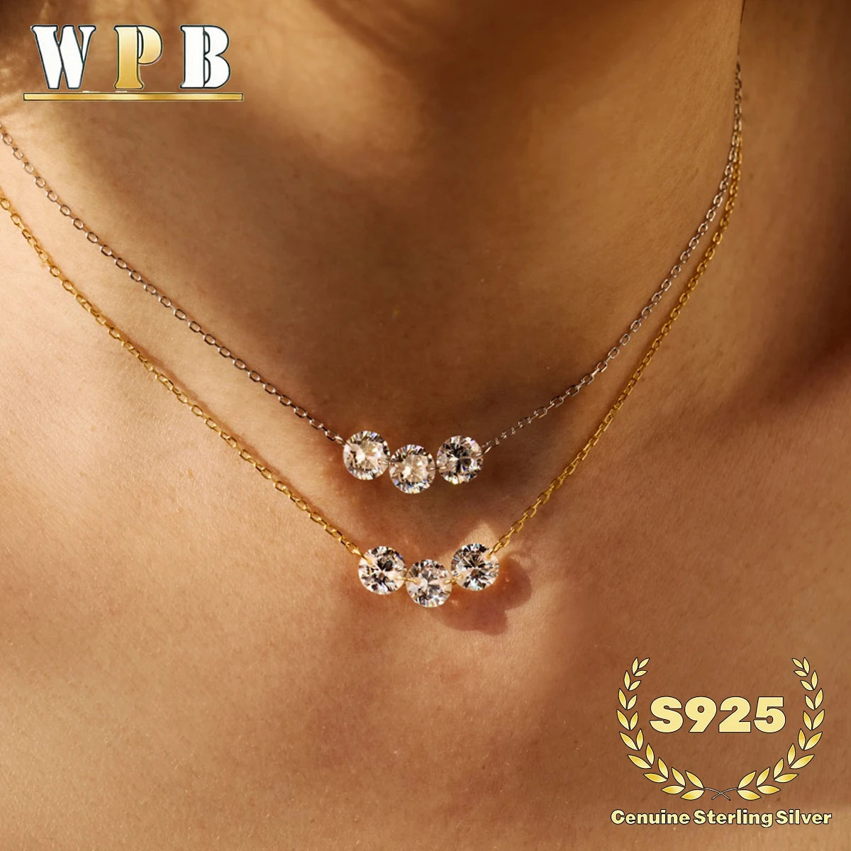 Genuine S925 Silver 3 Sparkling Zircon Necklace Dainty Sliding - Adjustable Length  Minimalist Luxury Jewelry for Men and Women