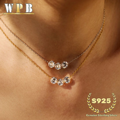 Genuine S925 Silver 3 Sparkling Zircon Necklace Dainty Sliding - Adjustable Length  Minimalist Luxury Jewelry for Men and Women