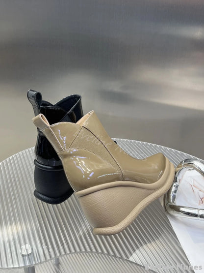 Fashion Height Increasing Wedges Ankle Boots Women Pointed Toe Platform Slip On Solid Leather Boots 2025 Simple Comfortable Boot