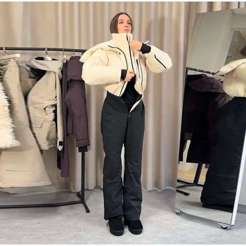 Detachable Hooded Ski Suit Jumpsuit Woman Zipper Color Blocked Long Sleeve Slim Warm Jumpsuits Sports Casual Women's Ski Suits