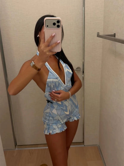 Sexy Blue Geometric Print Halter Romper Women Deep V Neck Ruffle Hem Sets 2026 Lady New Summer Beach Party Fashion Jumpsuits