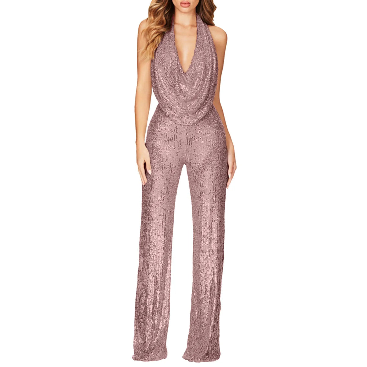 Elegant Women Deep V Wide Leg Jumpsuits Swing Neck Sleeveless Halter One-Piece Jumpsuits Fashion Sequin Shiny Party Romper