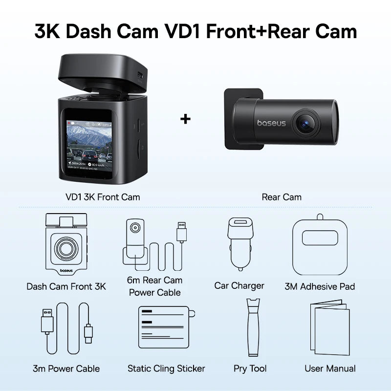 Baseus 3K Dash Cam VD1 Front and Rear Cam HD Built-in GPS Galileo Supercapacitor Car DVR Car Camera Recorder Support 24H Parking