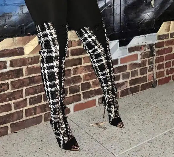 Sexy Women's Black White Plaid Gold Metal Pointed Toe Cross Tied Gladiator Turned Over Edge Thin Heels Over The Knee Thigh Boots