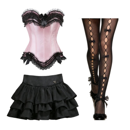 HLJ&GG Sexy Lace Splicing Corset Two Piece Sets Women Off Shoulder Sleevleess Top And Ruffle Mini Skirts Outfits Y2K Streetwear
