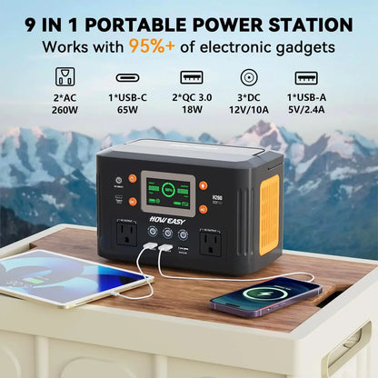 260W Portable Power Station, 500W Peak Solar Generator, 65W PD, 110V AC, 48000mAh Backup Battery for Camping Travel Emergency