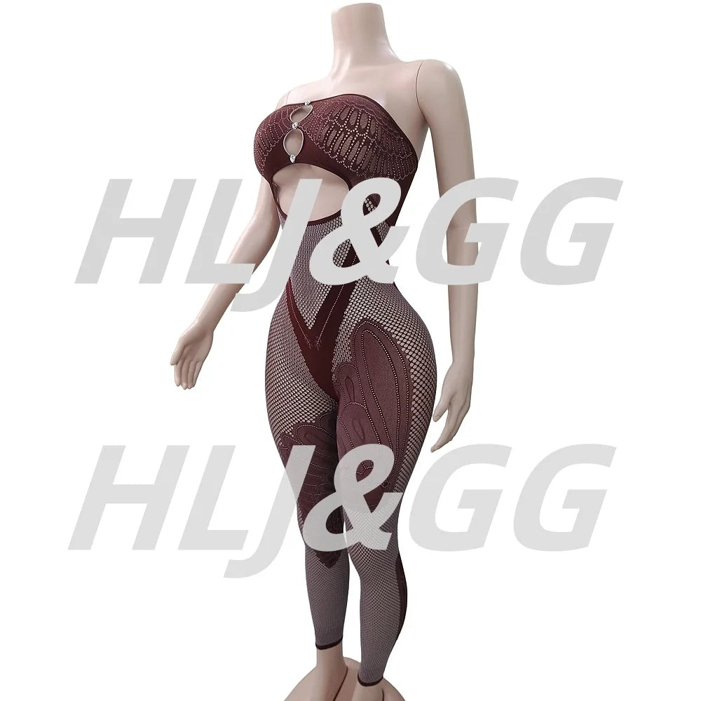 HLJ&GG Sexy Off Shoulder Hollow Out Bodycon One Piece Jumpsuits Women Sleeveless Backless Slim Playsuit Fashion Stretchy Overall