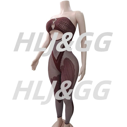HLJ&GG Sexy Off Shoulder Hollow Out Bodycon One Piece Jumpsuits Women Sleeveless Backless Slim Playsuit Fashion Stretchy Overall