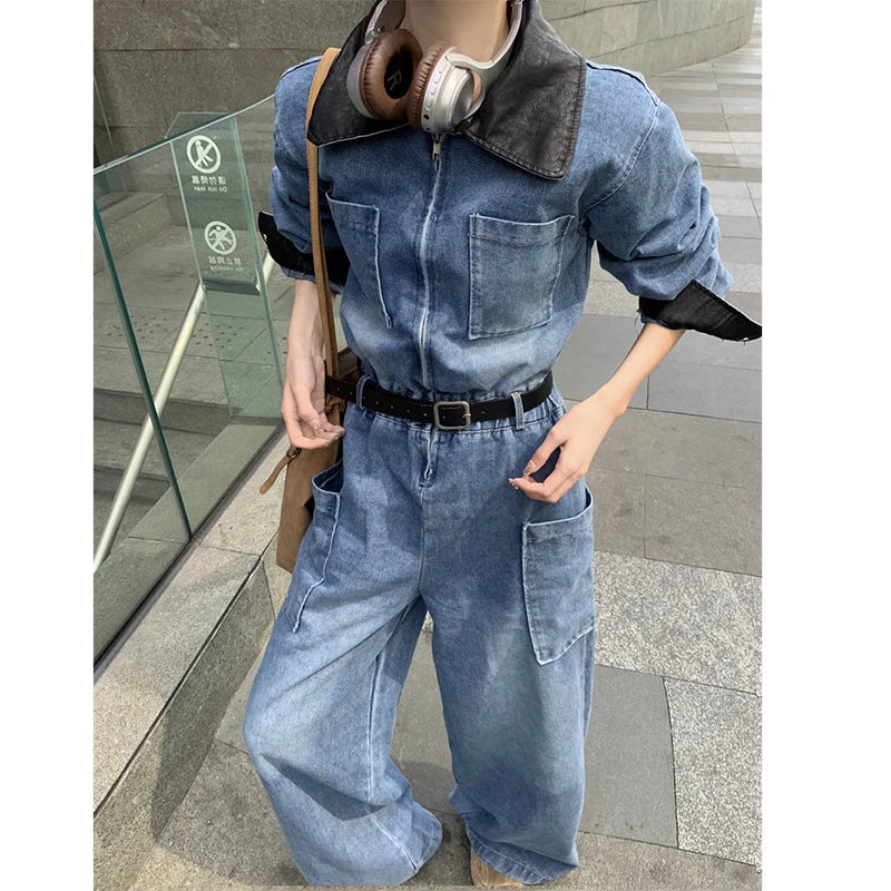 Retro PU Patchwork Denim Jumpsuits Women Long Sleeve Elastic Waist Loose Casual Romper Zipper Pocket Wide Leg Jeans Patns