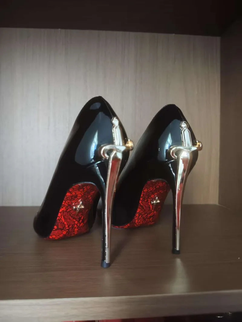 8CM-10CM Fashion Womens High Heel High Quality Metal Scepter Stiletto Pointed Leather Women Shoes Premium Single Shoes for Women
