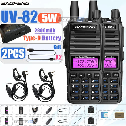 1/2Pcs Baofeng UV-82 Walkie Talkie 5/8W Tri-Power FM Radio Type-C Charger Dual PTT Dual Band VHF/UHF Two Way Camouflage For Hunt