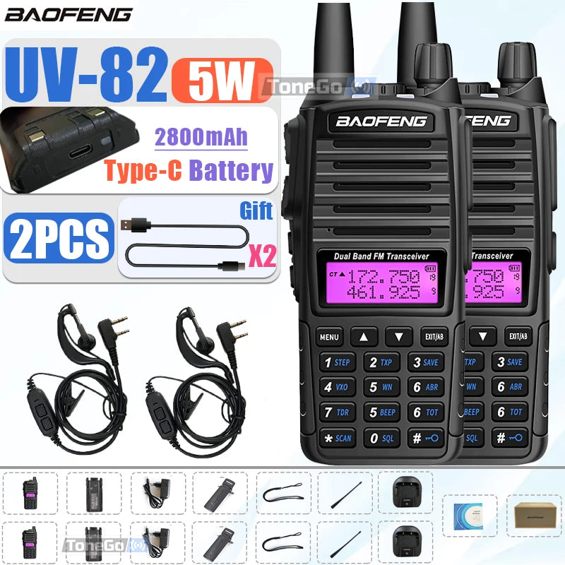 1/2Pcs Baofeng UV-82 Walkie Talkie 5/8W Tri-Power FM Radio Type-C Charger Dual PTT Dual Band VHF/UHF Two Way Camouflage For Hunt