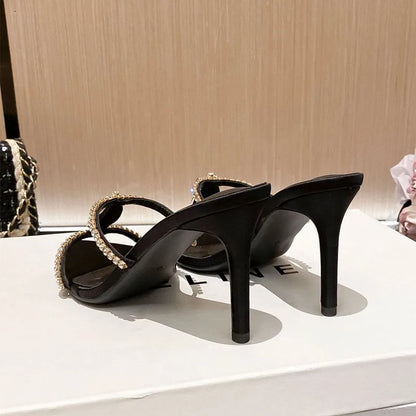 Luxury Rhinestones Gem Narrow band Women Slipper Sandals Elegant Pointed toe Thin High heels Mules Slides Fashion Party Shoes