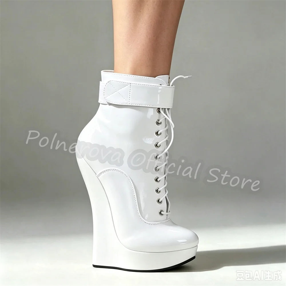 Gothic Punk Wedges Lace-Up Women Platform Boots Hoof Design Super High Heel Side Zipper Boots Unisex Pole Dance Party Shoes