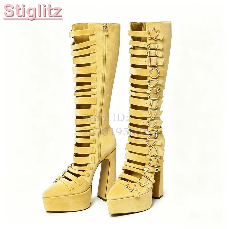 Blue Velvet Irregular Buckle Knee-high Boots Pointed  Toe Side Zipper Chunky High Heels Boots 2026 Summer New Women Punk Shoes