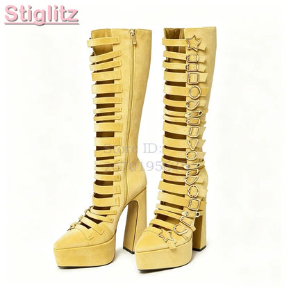 Blue Velvet Irregular Buckle Knee-high Boots Pointed  Toe Side Zipper Chunky High Heels Boots 2026 Summer New Women Punk Shoes