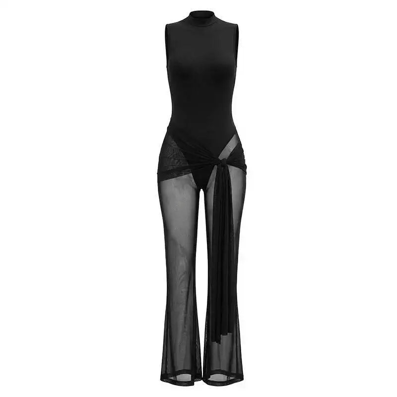Sibybo Sleeveless Sheer Mesh Patchwork Women Jumpsuit Black Backless Ribbons High Stretch Bodycon Rompers Female Party Clubwear