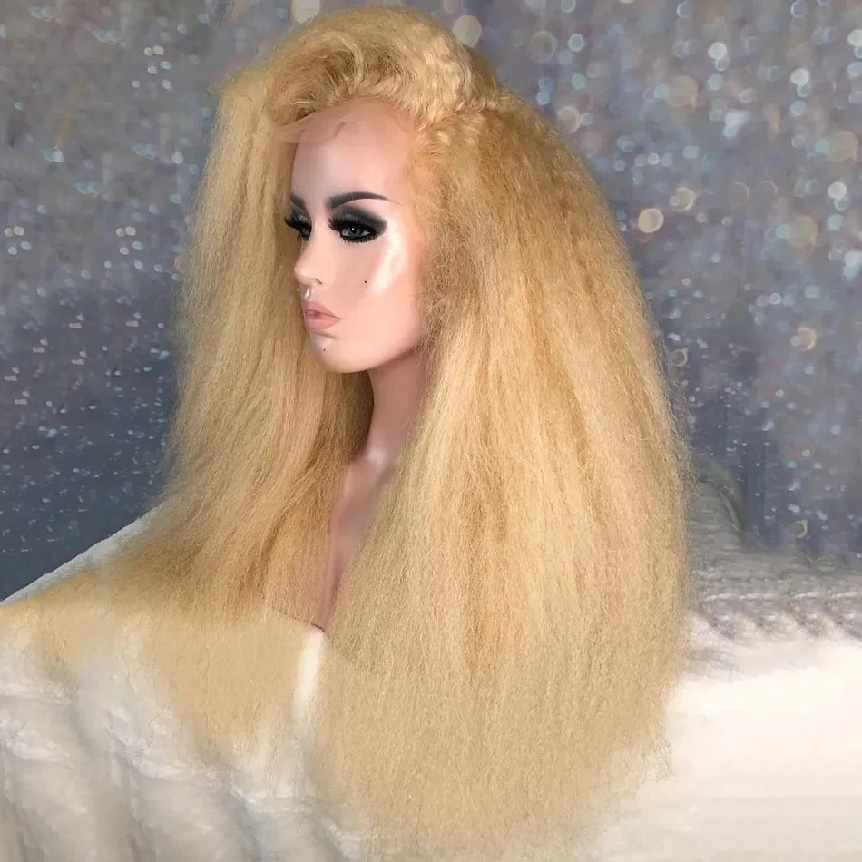 Transparent Lace 613 Blonde Kinky Yaki Straight Lace Front Wig For Women Glueless Pre Plucked Cosplay Daily Wear Fiber