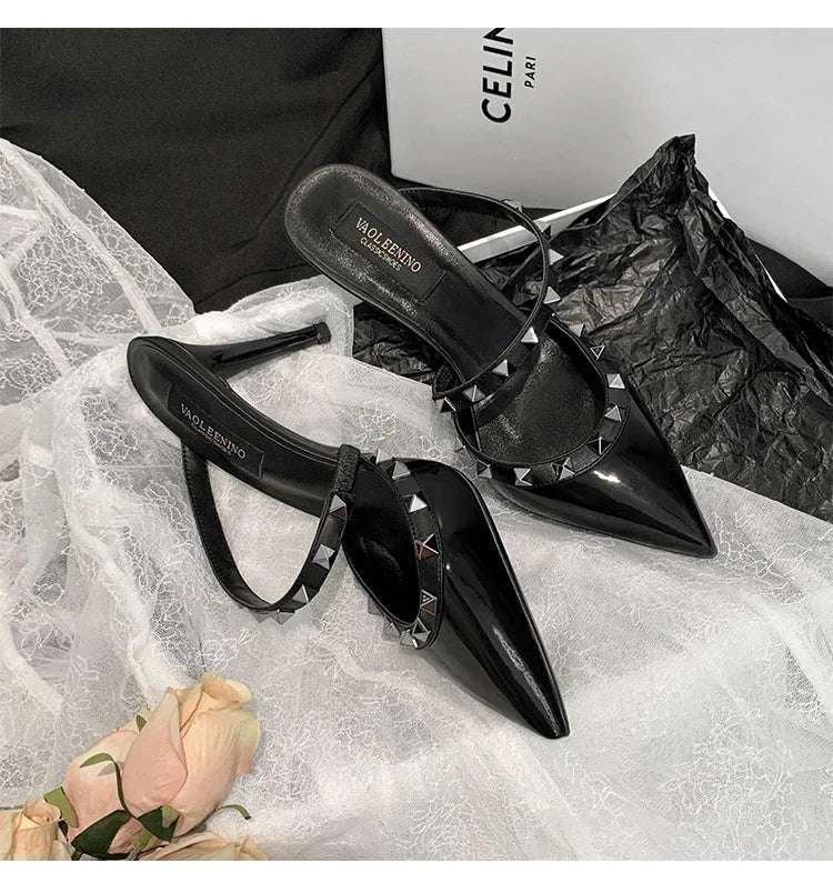 Heeled Sandals Summer Luxury Brand Rivets Women Slippers Fashion Leather Slingbacks Heels Slippers Designer Party Prom Shoes