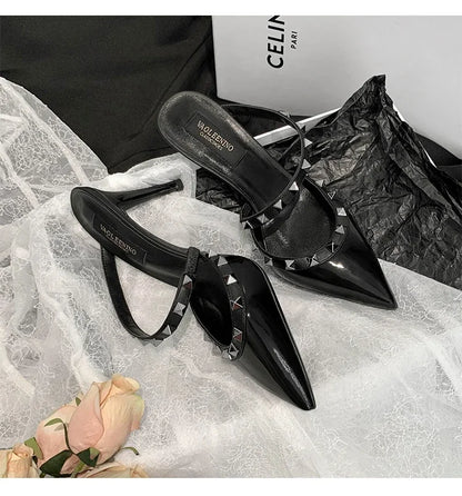 Heeled Sandals Summer Luxury Brand Rivets Women Slippers Fashion Leather Slingbacks Heels Slippers Designer Party Prom Shoes