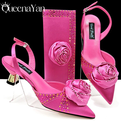 New Party Shoes And Bag Set Nigeria Handmade Flowers Decoration Lady Fashion Shoes and Bag Set for Wedding
