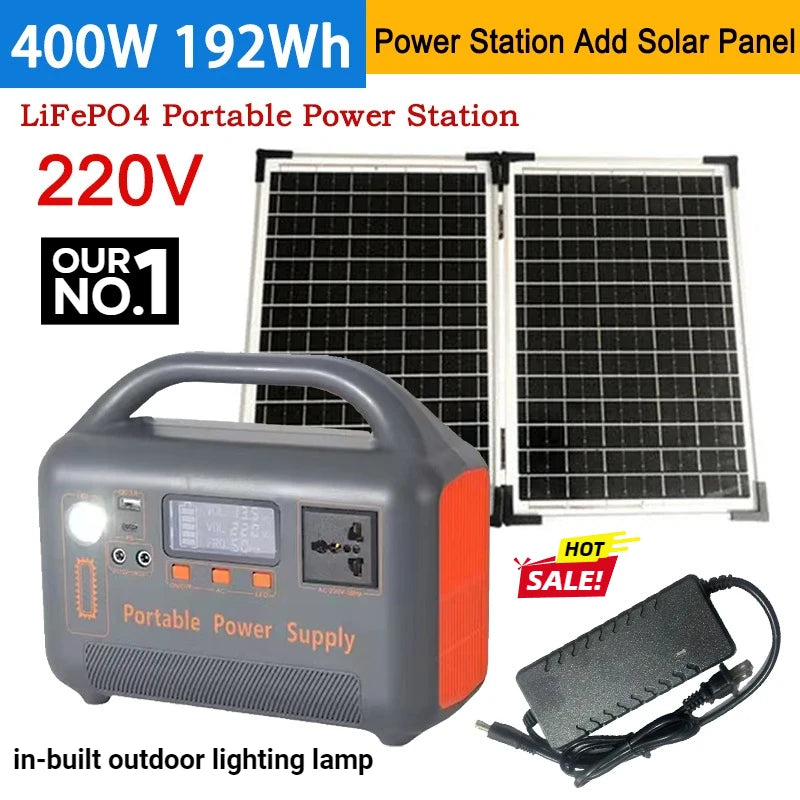 400W Portable Power Station Solar Generator 192Wh LiFePo4 Battery220V Energy Power Plant for Camping RV with Solar Panel Charger