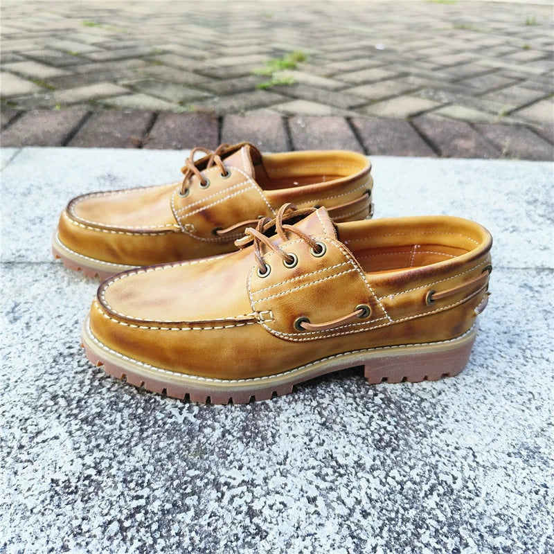 Handmade Cowhide Vintage Men Work Shoes British Outdoor Hiking Casual Leather Shoes Commuting Dress Shoes Loafers Sneakers