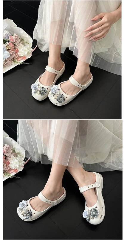Clogs Summer Slippers Women Luxury Pearl Metal Flower Mary Janes Designer Ballet Shoes Girls Corc Charms Sandals Indoor Outdoor