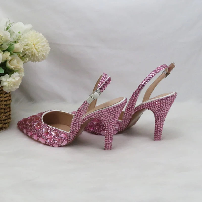 Fashion Sling-back Pink Bling Pointed Toe Wedding Shoes and bag Woman High Pumps Thin Heel Party Shoes Slingbacks Shoe Bag Set
