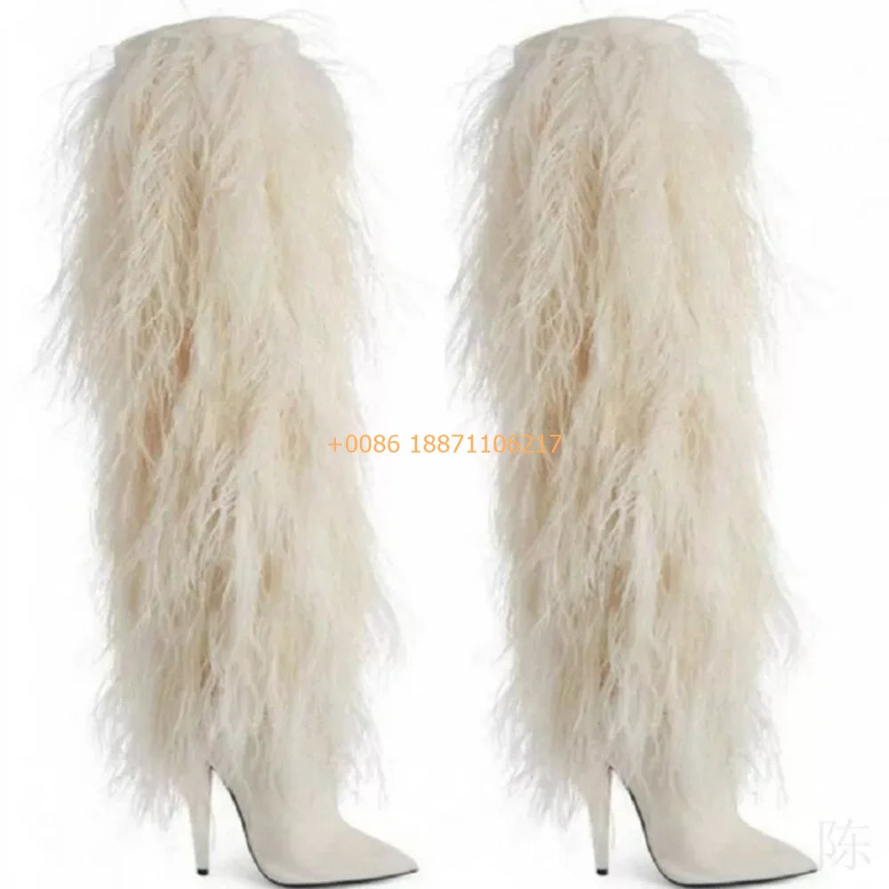 2025 Winter Black Sexy Ladies Catwalk Fur Boots Fashion Street Model Soft Fur Knee-High Stage Boots Pointed Warm Stiletto Boots