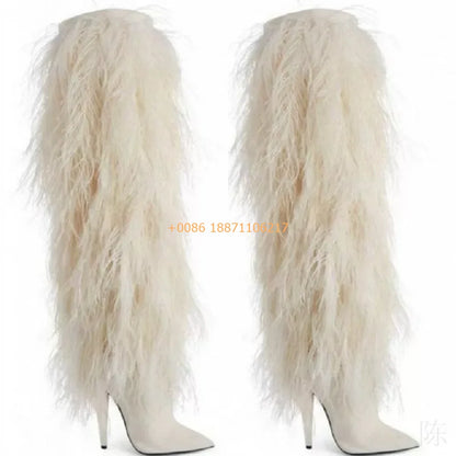 2025 Winter Black Sexy Ladies Catwalk Fur Boots Fashion Street Model Soft Fur Knee-High Stage Boots Pointed Warm Stiletto Boots