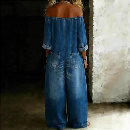 2026 Fashion Retro Imitation Denim Jumpsuit for Women Summer New Single-Breasted Off-shoulder Long Loose Rompers Overalls Pants