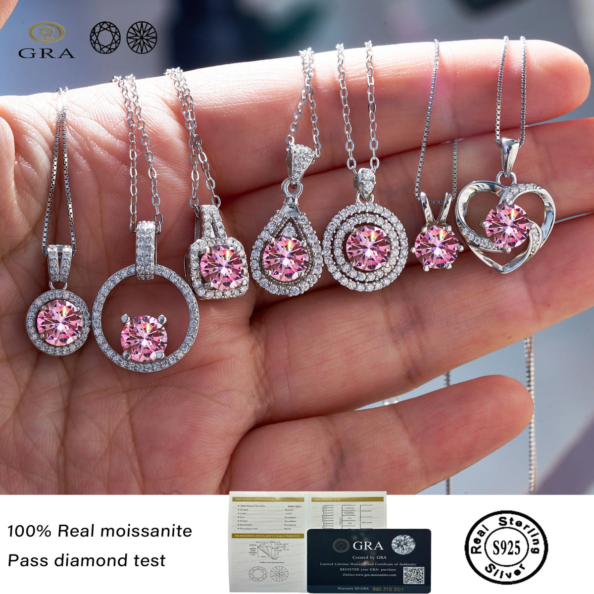 Pink Color Moissanite Pendant Necklace 1 Carat 6.5mm Real Gra Lab Diamond Pendant Necklace 925 Sterling Silver Luxury Jewelry