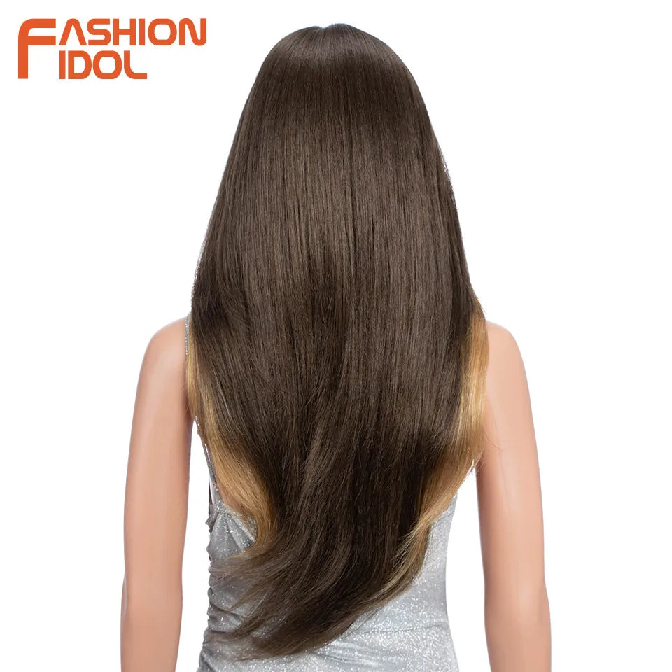 FASHION IDOL 26inch/65cm Straight Hair Lace Front Wigs Synthetic Hair Ombre Blonde Brown Hair Wigs Cosplay Heat Resistant Fiber