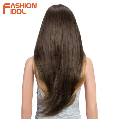 FASHION IDOL 26inch/65cm Straight Hair Lace Front Wigs Synthetic Hair Ombre Blonde Brown Hair Wigs Cosplay Heat Resistant Fiber